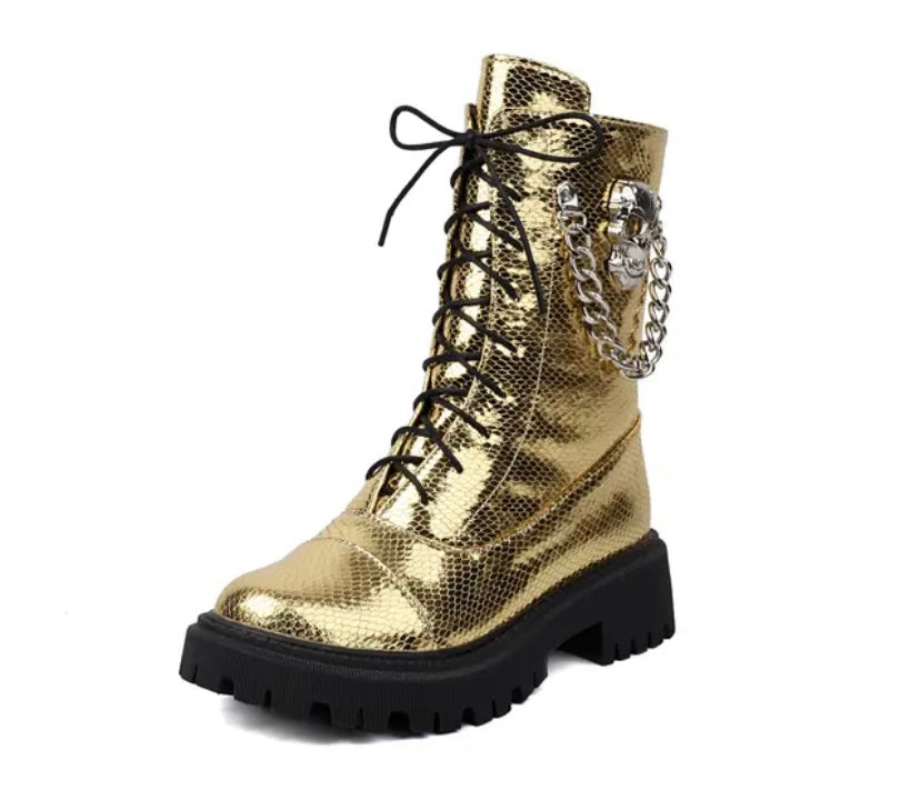 Women Fashion Metallic Skeleton Chain Lace Up Boots