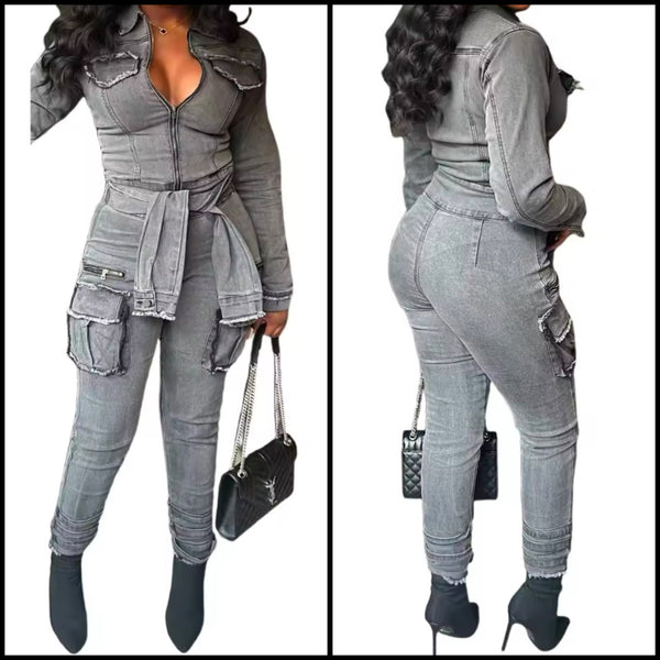 Women Fashion Gray Denim Full Sleeve Zip Up Jumpsuit