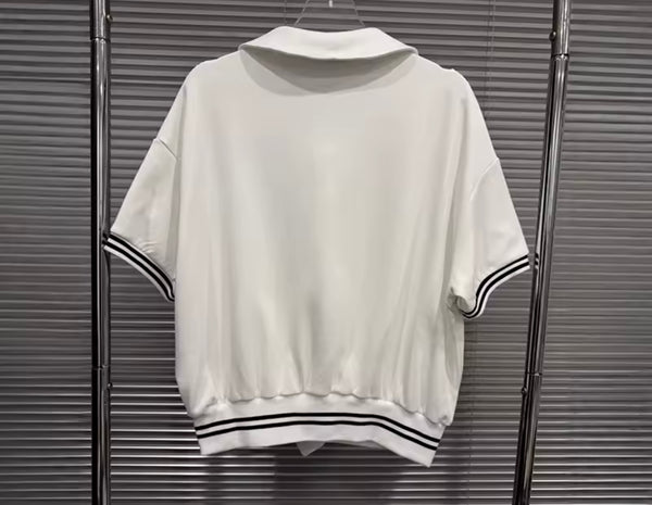 Women Collar Tie Striped Short Sleeve Two Piece Skirt Set
