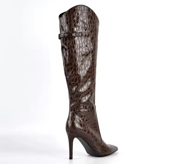 Women Pointed Toe Zip Up High Heel Knee Length Boots