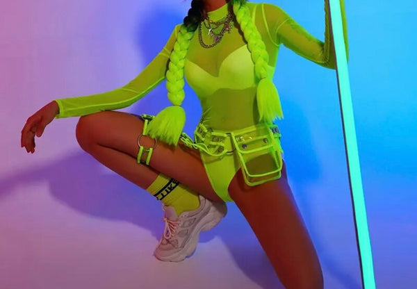 Women Fashion Neon Green Mesh Bodysuit Waist Purse Set