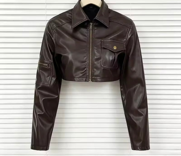 Women Brown Fashion Zip Up Faux Leather Crop Jacket