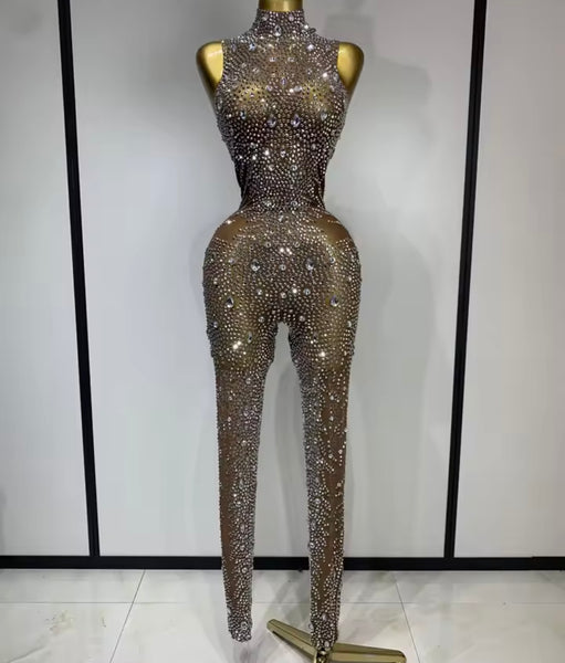 Women Sleeveless Rhinestone Crystal Mesh Sexy Jumpsuit