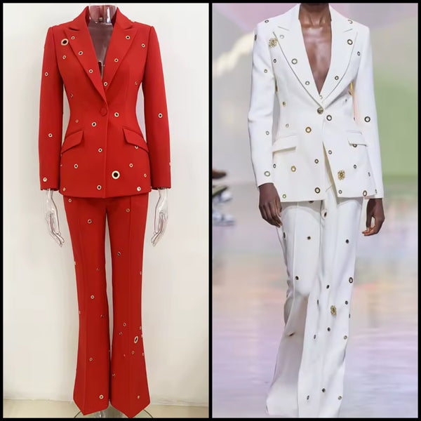 Women Rivet Full Sleeve Fashion Blazer Two Piece Pant Set