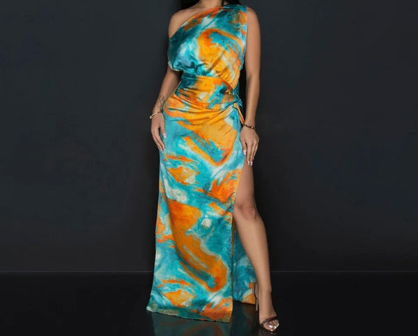 Women Sexy One Shoulder Sleeveless Multicolored Maxi Dress