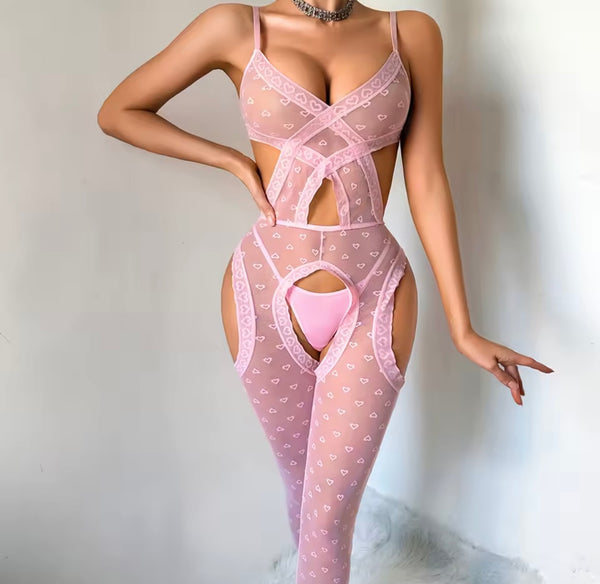 Women Sexy Pink Heart Mesh Bodysuit Lingerie Set