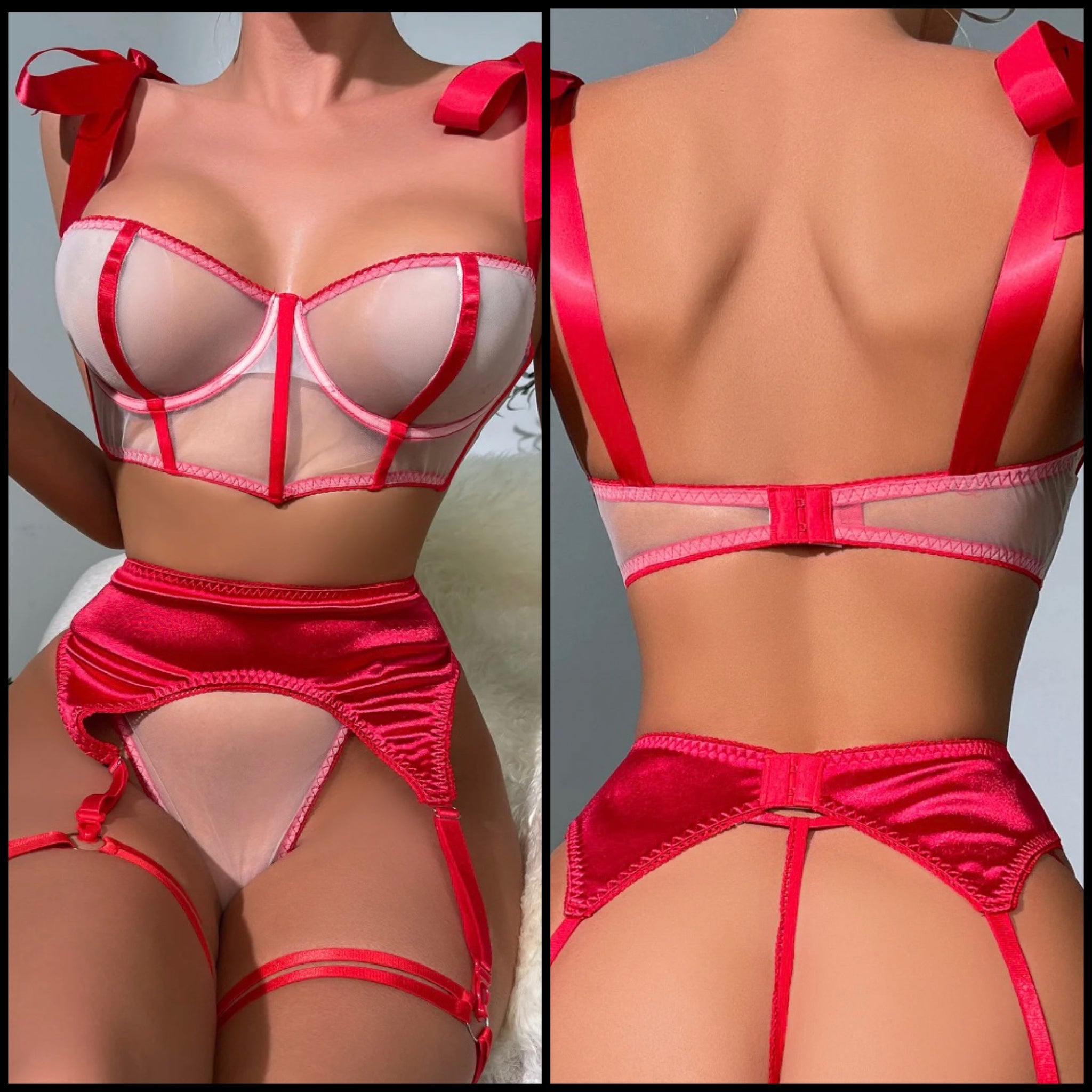 Women Red Sexy Satin Mesh Lingerie Set