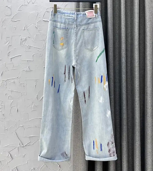 Women Fashion Color Patchwork Ripped Denim Pants