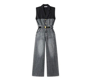 Women Fashion Sleeveless Button Up Denim Jumpsuit