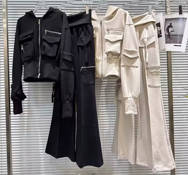 Women Fashion Zip Up Hooded Cargo Two Piece Pant Set
