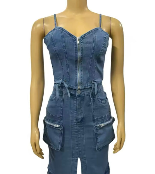 Women Sleeveless Zip Up Denim Two Piece Sexy Maxi Skirt Set