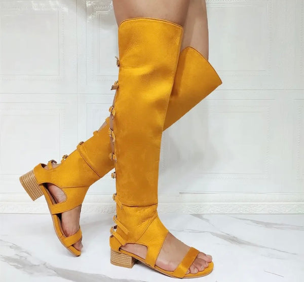 Women Open Toe Buckled Back Fashion Knee High Sandals