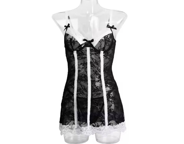 Women Sexy Sleeveless B&W Lace Mesh Nightgown Lingerie Set