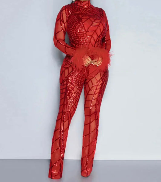 Women Sexy Feather Full Sleeve Sequins Mesh Patchwork Jumpsuit