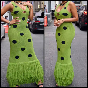 Women Sexy Sleeveless Green Polka Dot Knitted Fringe Maxi Dress