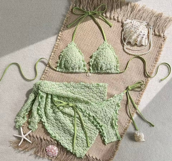 Women Sexy Solid Color Ruffled Halter Bikini Cover Up Set