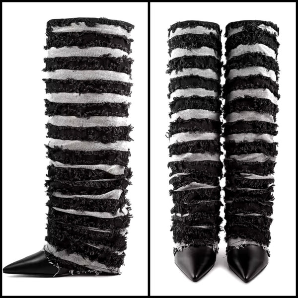 Women Pointed Toe Color Patchwork Fringe Platform Boots