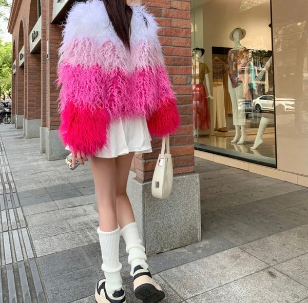 Women Fashion Pink Gradient Faux Fur Jacket