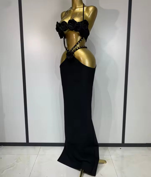 Women Black Sexy Floral Halter Sleeveless Cut Out Maxi Dress