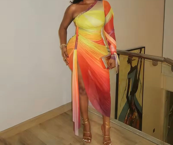 Women Sexy One Shoulder Gradient Side Split Dress