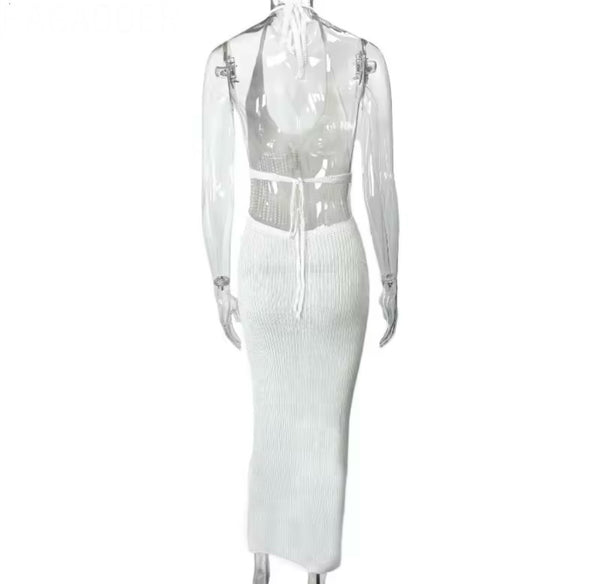 Women Sexy White Halter Sleeveless Knitted Maxi Dress