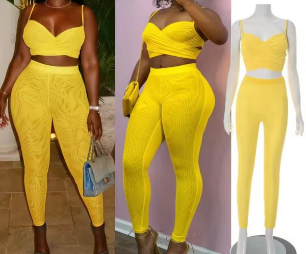 Women Yellow Sleeveless Sexy Mesh Two Piece Pant Set