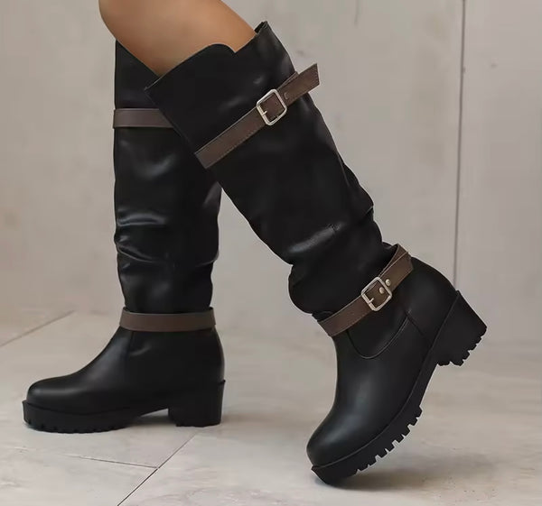 Women Round Toe Double Buckle Fashion Knee High Flat Boots