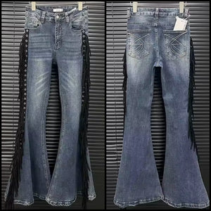Women Fashion Blue Fringe Tassel Denim Pants