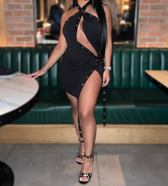 Women Sexy Halter Sleeveless Black Button Dress