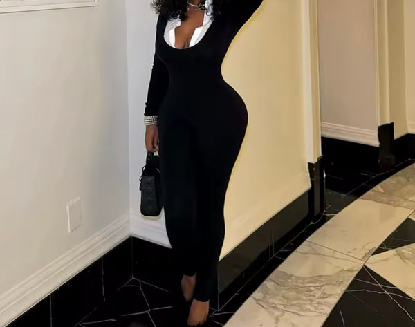 Women B&W Collar Full Sleeve Fashion Jumpsuit