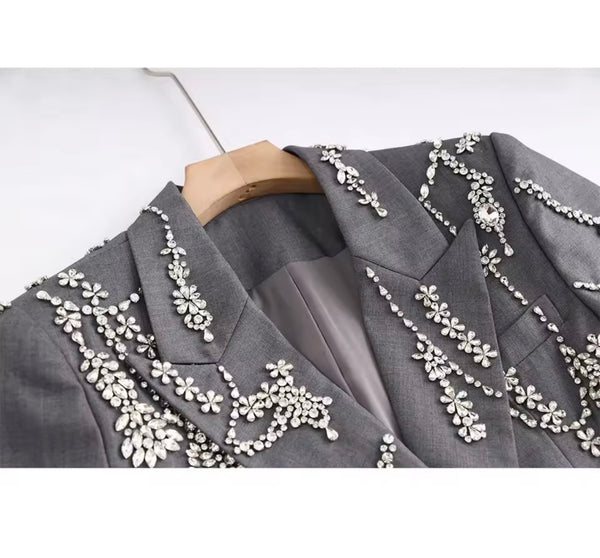 Women Fashion Rhinestone Patchwork Blazer Jacket