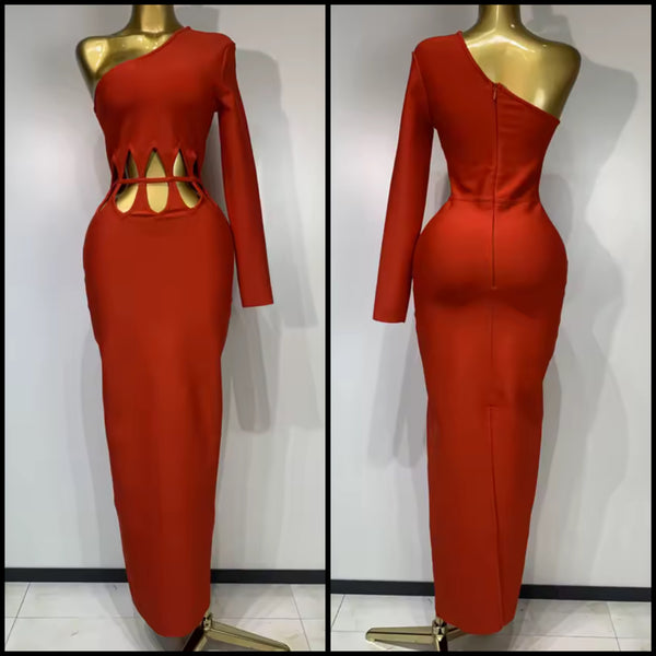 Women Sexy Red One Shoulder Full Sleeve Cut Out Maxi Dress