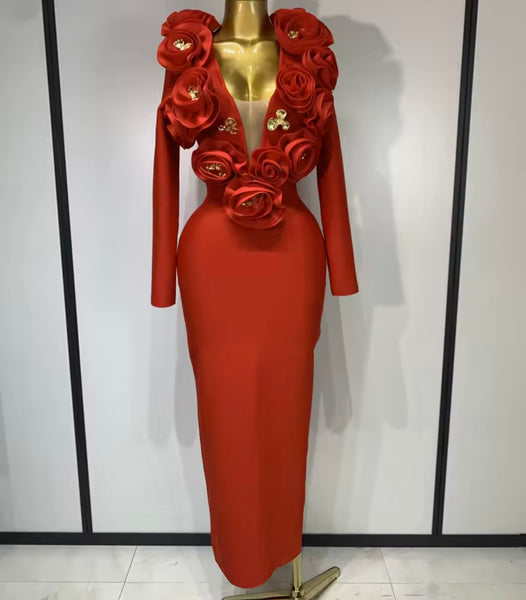 Women Sexy Red 3D Floral Gold Pin Full Sleeve Maxi Dress