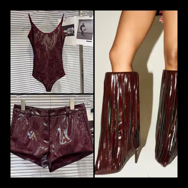 Women Burgundy Sleeveless Bodysuit Two Piece PU Short Set