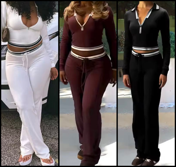 Women Fashion Zip Up Color Block Tracksuit Two Piece Pant Set