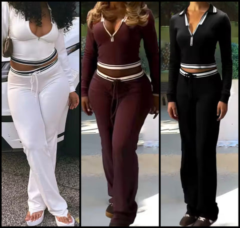 Women Fashion Zip Up Color Block Tracksuit Two Piece Pant Set