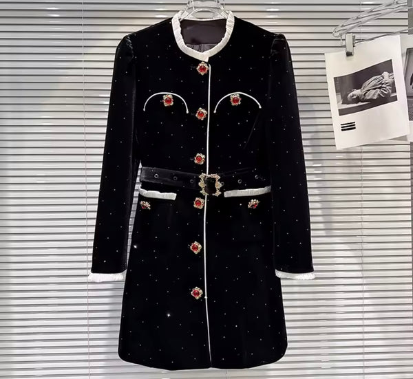 Women Fashion Rhinestone Crystal Button Up Velvet Jacket