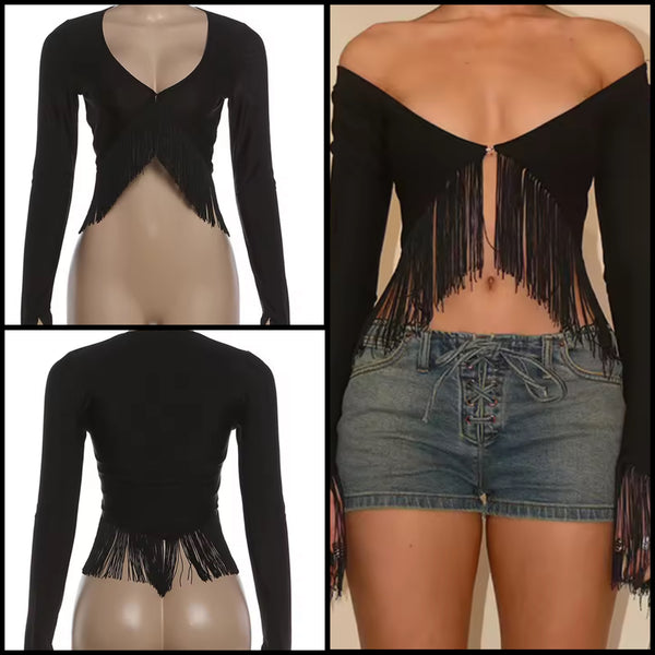 Women Black Off The Shoulder Fringe Tassel Crop Top