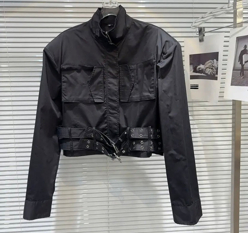 Women Fashion Solid Color Pocket Buckled Jacket