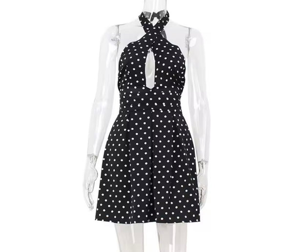 Women Sexy Halter Sleeveless Polka Dot Dress