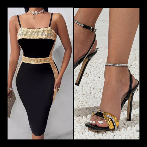 Women Sexy Sleeveless Black Gold Sequins Patchwork Dress