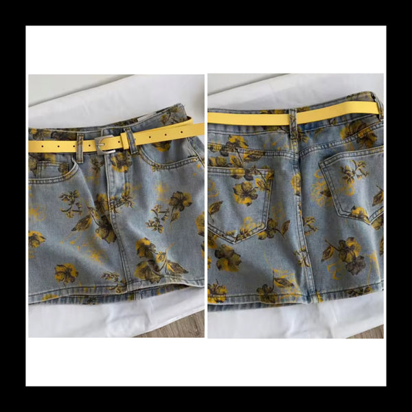 Women Fashion Yellow Floral Denim Skirt