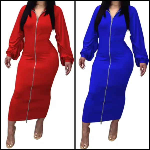 Women Fashion Color Front Zipper Full Sleeve Maxi Dress