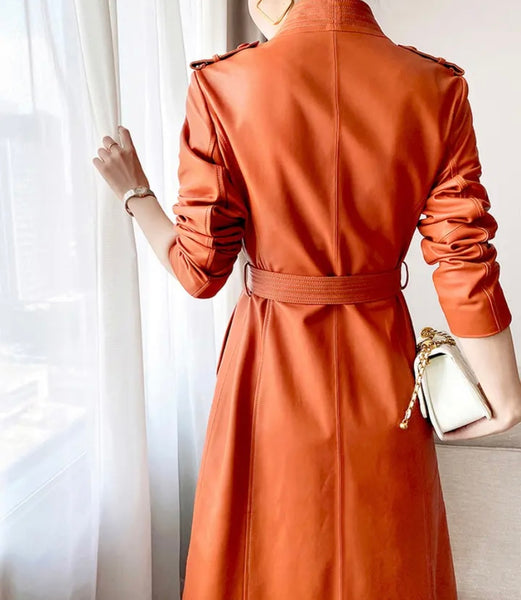 Women Fashion Color Faux Leather Belted Trench Jacket