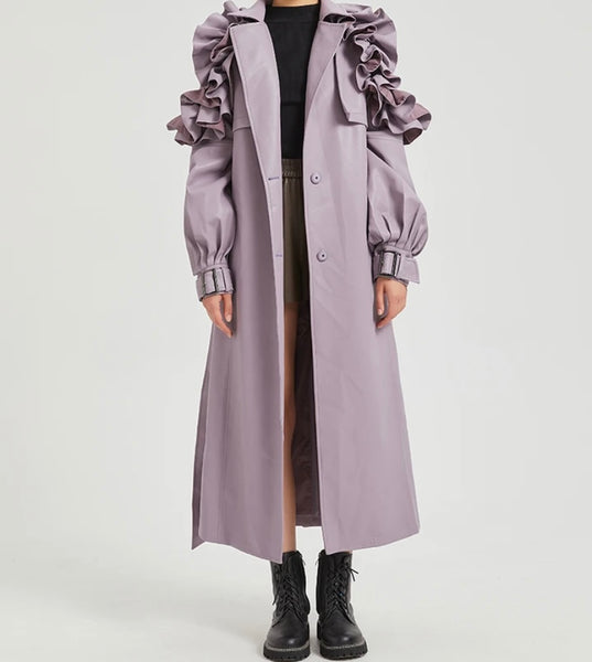Women Color Ruffled Fashion Faux Leather Trench Jacket