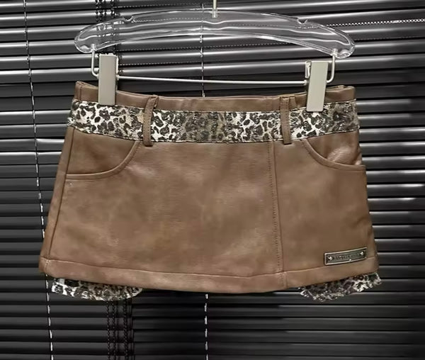 Women Sexy Strapless Leopard Patchwork Faux Leather Two Piece Skirt Set