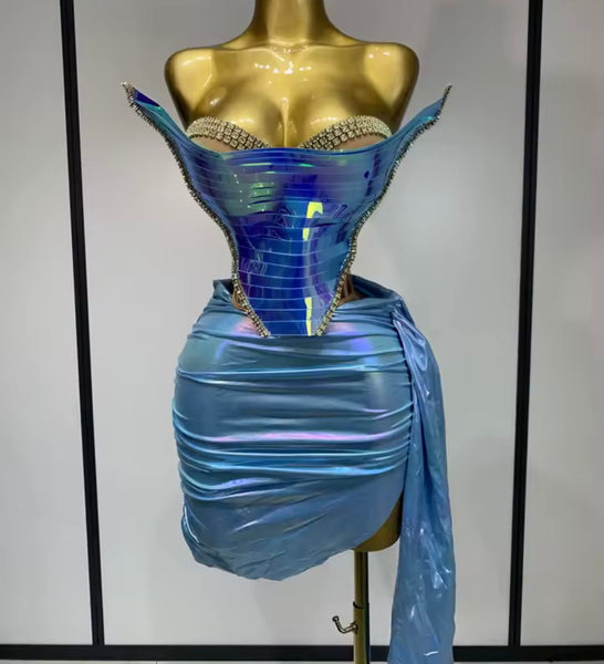 Women Sexy Strapless Rhinestone  Acrylic Two Piece Skirt Set