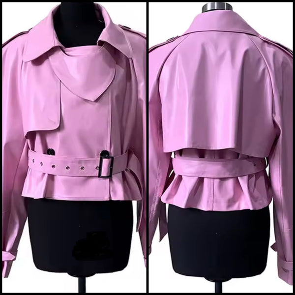 Women Pink Fashion Buckled Faux Leather Jacket