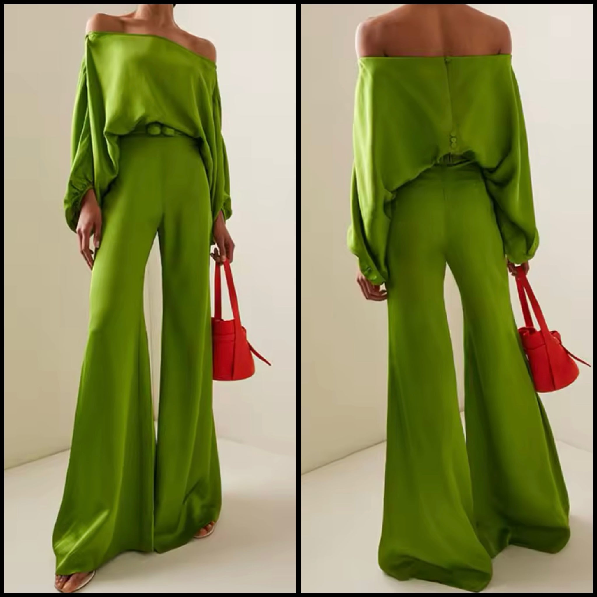 Women Fashion Green Off The Shoulder Two Piece Pant Set