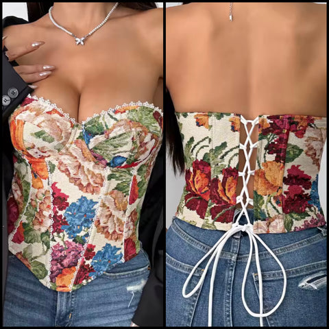 Women Strapless Floral Print Fashion Corset Top